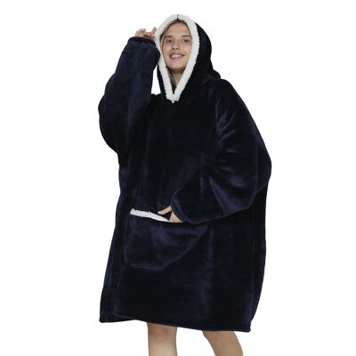 Sweatshirt-style robe and extra-soft fleece blanket. Front kangaroo pocket. Navy blue plain design