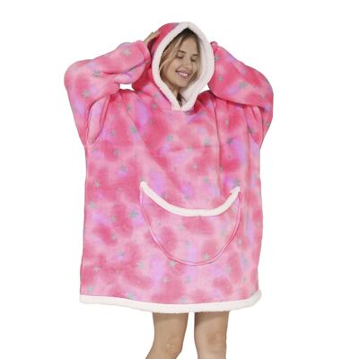 Sweatshirt-style robe and extra-soft fleece blanket. Front kangaroo pocket. Pink Design with Stars
