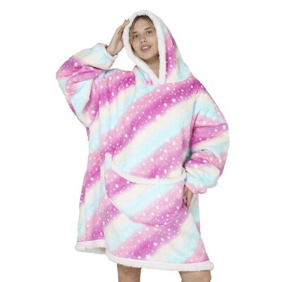 Sweatshirt-style robe and extra-soft fleece blanket. Front kangaroo pocket. Psychedelic Design with Stars