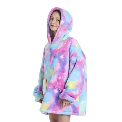 Children's sweatshirt-style robe and extra-soft plush blanket. Front pockets. psychedelic design