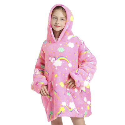 Children's sweatshirt-style robe and extra-soft plush blanket. Front pockets. Rainbow and Unicorns Design