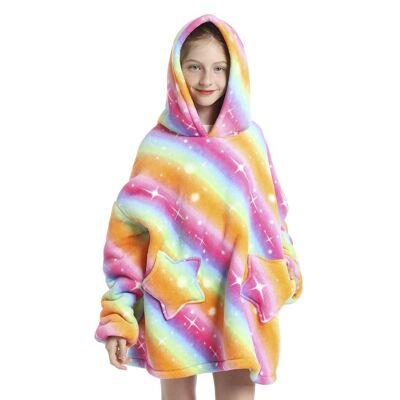 Children's sweatshirt-style robe and extra-soft plush blanket. Front pockets. rainbow design