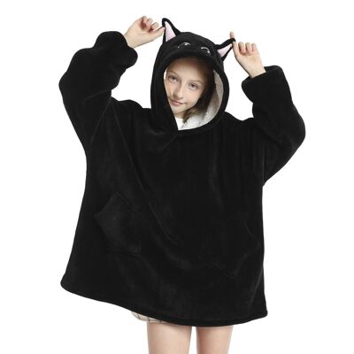 Children's sweatshirt-style robe and extra-soft plush blanket. Front pockets. Black Kitten Design