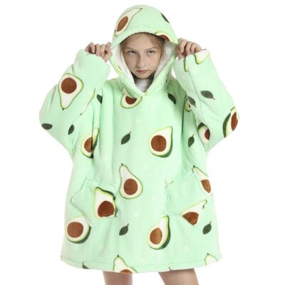 Children's sweatshirt-style robe and extra-soft plush blanket. Front pockets. Avocados Design
