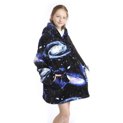Children's sweatshirt-style robe and extra-soft plush blanket. Front pockets. Constellations Design