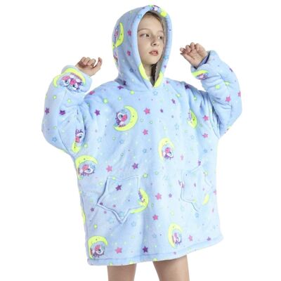 Children's sweatshirt-style robe and extra-soft plush blanket. Front pockets. Unicorn and moon design