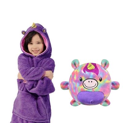 Convertible cuddly toy in extra soft plush sweatshirt, 60x47cm. Front kangaroo pocket. unicorn design