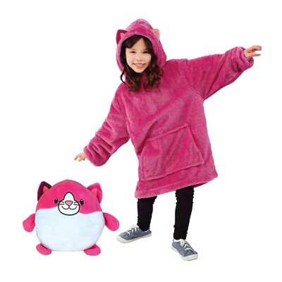 Convertible cuddly toy in extra soft plush sweatshirt, 60x47cm. Front kangaroo pocket. Fuchsia Cat Design