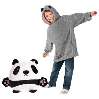 Wandelbares Kuscheltier aus extra weichem Plüsch-Sweatshirt, 60 x 47 cm. Kängurutasche vorne. Pandabär-Design
