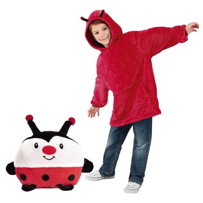 Convertible cuddly toy in extra soft plush sweatshirt, 60x47cm. Front kangaroo pocket. ladybug design
