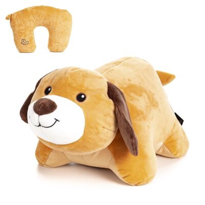 Convertible cuddly dog in travel neck pillow, 2 in 1.