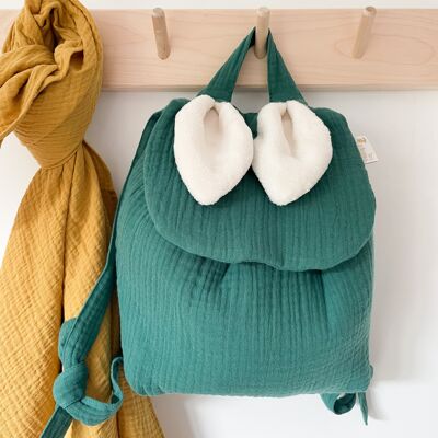 Children's backpack with rabbit ears in forest green cotton gauze