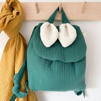 Sac à dos enfant oreilles lapin gaze de coton vert forêt