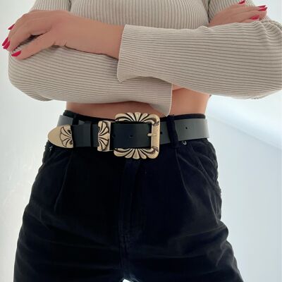 Black Leather Belt Women, Bronze Buckles, Waist Belt Buckles, Women Belt, Made from Real Genuine Leather - Ethnic Lines