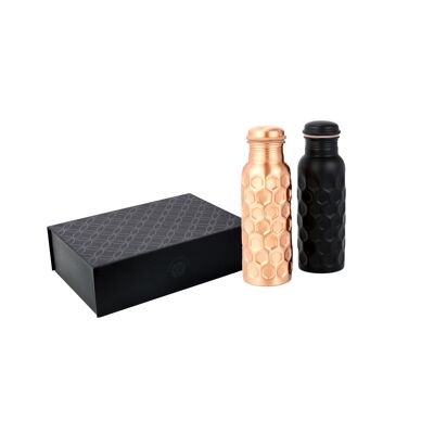 El'Cobre Premium Copper Diamond Hammered DUO Bottle Set (Black & Copper Diamond Bottle)