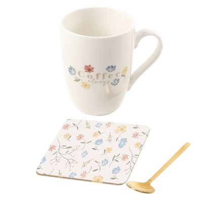 TAZA JUEGO CON CUCHARA Y POSAVASOS FLORES HH2776772