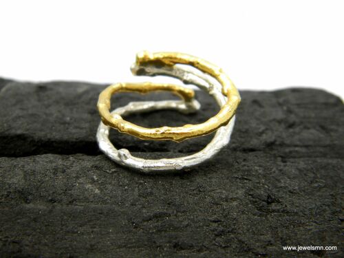 Band Double twig ring in recycled sterling silver, from Olive tree. Two tone, Silver-Gold or Gold-Black by Mother Nature Jewelry.