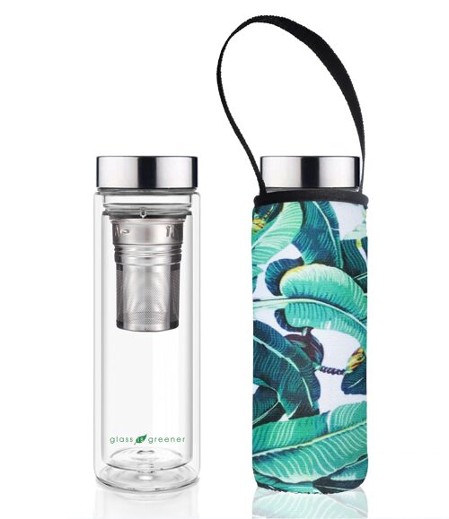 Glass Is Greener double-wall tea flask 500 ml + Carry Pouch (Banana Leaf print) - 500 ml