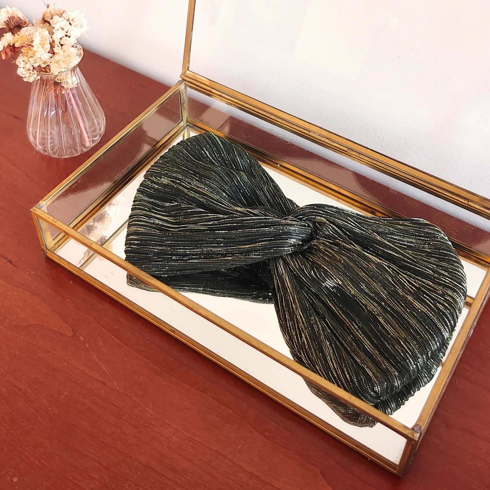 FASCIA PER CAPELLI IN BRONZO NERO PLISSETTATO / poliestere plissettato nero e oro