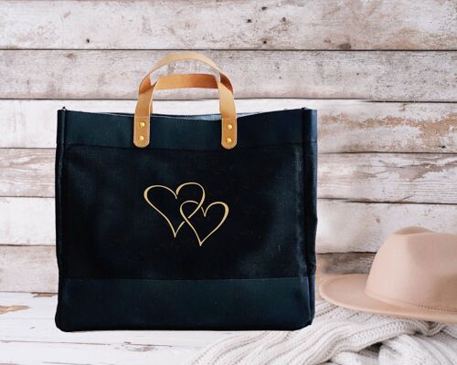 Double Hearts Design Luxury Black Jute Market Bag Shoppers