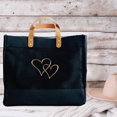 Shopper con borsa da mercato in iuta nera di lusso dal design a doppio cuore