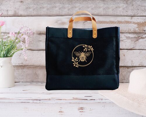 Bee and Wreath Design Luxury Black Jute and Leather Shopper Bags