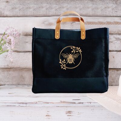 Bee and Wreath Design Luxuriöse Einkaufstaschen aus schwarzer Jute und Leder