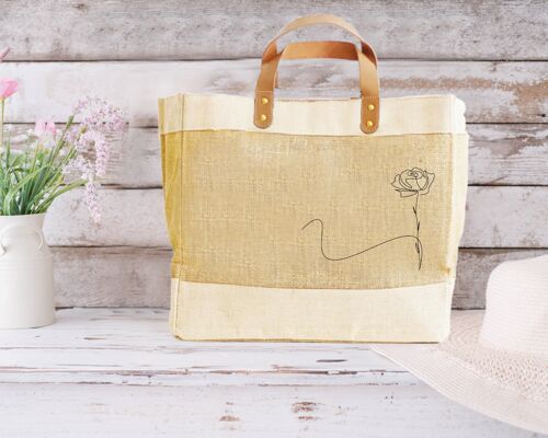 Rose Illustration design Luxury Jute and Leather Market Shopper Bags