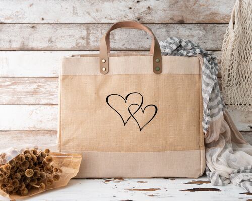 Double Heart Design Luxury Jute and Leather Market Shopper Bags