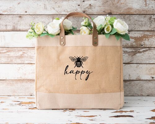 Bee Happy design Natural Luxury Jute and Leather Market Shopper Bags