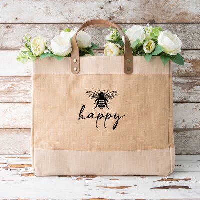 Borse shopper da mercato in iuta e pelle di lusso naturale dal design Bee Happy
