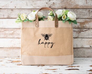 Bee Happy design Sacs de shopping en jute et cuir de luxe naturel