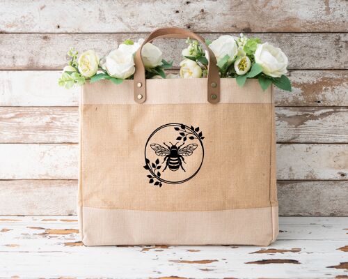 Bee and Wreath Design Luxury Jute and Leather Market Shopper Bags
