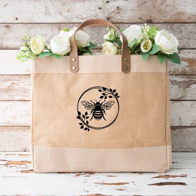 Bee and Wreath Design Luxury Jute and Leather Market Shopper Bags
