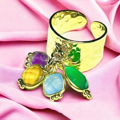 Fine gold gilded "MARGOT" ring with Amethyst, green, yellow and blue Chalcedony stones