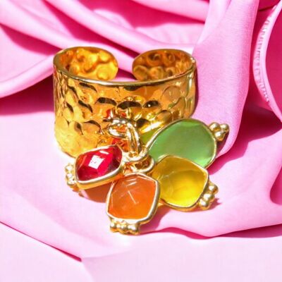 Fine gold gilded "MARION" ring with Garnet and green, yellow and orange Chalcedony stones