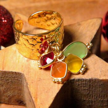 Bague "MARION" dorée or fin avec pierres de Grenat et Calcédoine verte jaune et orange 6