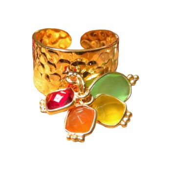 Bague "MARION" dorée or fin avec pierres de Grenat et Calcédoine verte jaune et orange 12