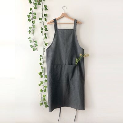 Charcoal Grey 100% Linen Pinafore Apron, Japanese Apron,