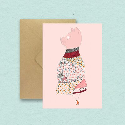 Vintage felicitaciones felicidad tarjeta gato rosa