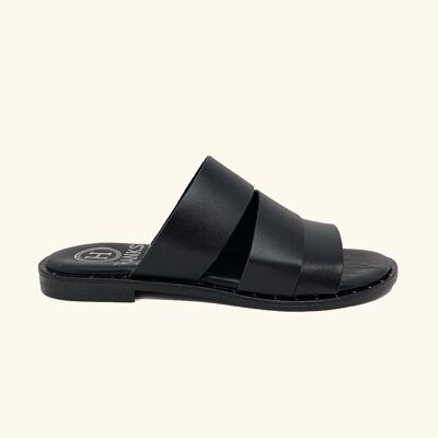 Milos Black Leather Flat Sandals
