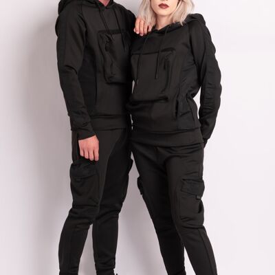 Bi-material Kangaroo Pocket Jogging Set - Black