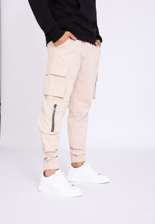 Pantalon Jogging Triple Poches Cargo Avec Zip - Beige