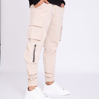 Pantalones jogging cargo con tres bolsillos y cremallera - Beige