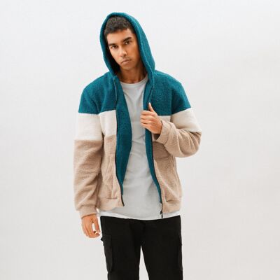 Tricolor Faux Sheepskin Hooded Vest - Turquoise