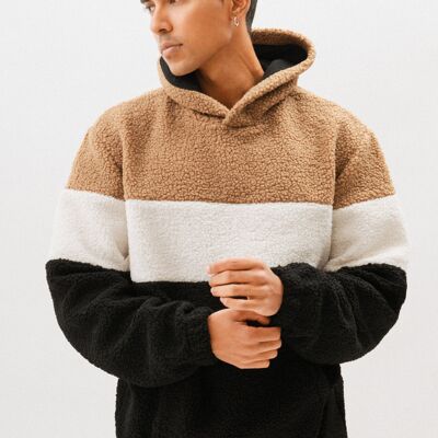 Tricolor Faux Sheepskin Hoodie - Black