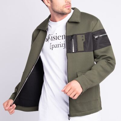 Plain Jacket with Zip Bi Material Khaki