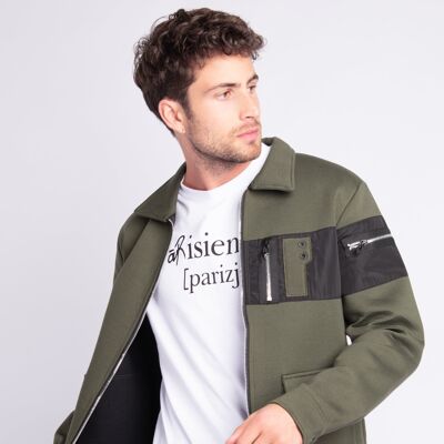 Plain Jacket with Zip Bi Material Khaki