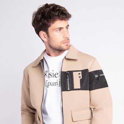 Bi-Material Plain Zip Jacket Beige