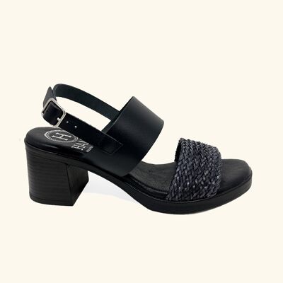 Alónnisos Leather and Raffia Braid Heeled Sandals in Black